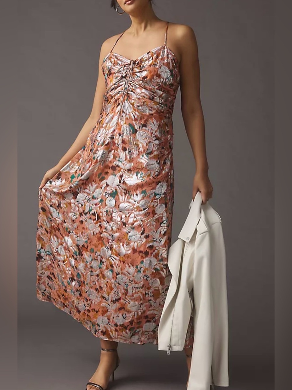 Anthropologie x Verb by Pallavi Singhee Ruched Floral Metallic Maxi Dress XL